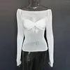 Women's T Shirts Fashion Elegant Ruched Women Long Sleeve Off Shoulder Sexy Sheer Knitted Slim Tops Y2K Clothes See Through