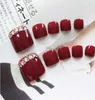 24pcsSet Pretty Summer Toes False Nails Rhinestone Predesign Full Cover Red Foot Artificial Fake Nails with Glue Nail Beauty7208936