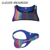 2 pièces hommes Sexy demi débardeur avec string ensemble brillant arc-en-ciel exotique Lingerie PU Faux cuir fétiche Costume scène Club vêtements de nuit