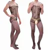 Body en maille Sexy pour hommes, entrejambe ouvert, Lingerie porno Ultra-mince transparente, vêtements érotiques pour adultes, costume jarretelles