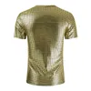 QNPQYX New Men's Summer Silver Plaid Metallic Nightclub Stage Outfit Diamond Sequins Slim à manches courtes col en V Shiny Mens T-shirts