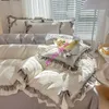 Set di biancheria da letto di lusso principessa volant fiocco biancheria da letto addensare caldo cotone lavato copripiumino lenzuolo federa decorazione camera da letto rosa set biancheria da letto per ragazza 231122