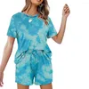 Women's Shorts Women 2PC T-shirt/shorts Set Loose Tie-Dye Short Sleeve Tops Drawstring Lace-up Pants Homewear Lady Yoga Sport Tracksuit