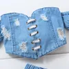 Clothing Sets 2Pcs Girl Denim Outfits Suits Off Shoulder Short Sleeve Lacing Crop Tops With Ripped Jeans Fashion Summer Girls Clothes