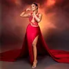 Arabic Aso Ebi Red Prom Dresses With Detachable Train Long Sleeve Beautiful Floral Lace Beaded Formal Evening Gowns SexySide Split Second Reception Dress CL2964