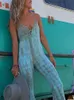 Women S Jumpsuit Print See Through Sexy Backless V Neck Sleeveless Lace Up Female Romper Summer Blue Slim Lady Playsuit