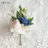 Outros acessórios de moda lky fr corsage wedding boutonnieres blue rosas bracelete de seda flores noivo homem terno de botão de botão de broche pinos de casamento acessador de casamento j230422