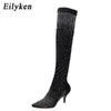 Eilyken Design cristal strass tissu extensible Sexy talons hauts chaussette sur le genou bottes bout pointu pôle danse femmes chaussures 231122