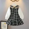 Robes de fille née bébé filles Tweed robe poche décontracté anniversaire vêtements ensemble 2 pièces enfant en bas âge lin noir à carreaux robe trucs