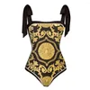Damskie stroje kąpielowe retro czarne złoto dopasowane do koloru nadrukowane jednoczęściowe stroje kąpielowe seksowne plażowe pasmo mody bluzka przedsprzedaż 2023