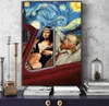 面白いアートヴァンゴッホとモナリザドライビングキャンバスポスター抽象喫煙油絵画キャンバスウォール写真ホームウォール装飾8816526