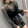 Women's T-Shirt Spring Summer Stand Collar Sexy Hollow Out Bronzing Lace T-shirt Female Long Sleeve All-match Mesh Pullover Tee Women's Clothing P230328