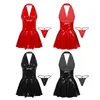 Robes décontractées Femmes en cuir plissé mini robe sexy sans manches dos nu cocktail fête a-ligne latex maigre clubwear costumes