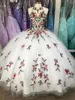 Abiti da festa Bianco Fiori 3D Ball Gown Quinceanera Prom Ricamo Sheer Neck Keyhole Corset Back Sweet 16 Dress Vestidos 15 Anos