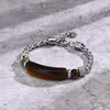 Braccialetti a maglie Acciaio inossidabile Agata nera Occhio di tigre Pietra ID Bracciale Catena intrecciata per uomo Donna 10mm 8.26''