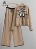 Dwuczęściowe spodnie dla kobiet Singreiny Senior Knittes Bow Pearl Button Cardigan Sznurka szerokie nogi Kobieta we Francji w stylu biuro dama
