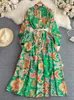 Vestidos casuales Mujeres Vintage Impresión verde Fiesta Moda Manga larga Cintura alta Vestido elegante Damas Bata de un solo pecho