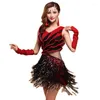 Stage Wear Tassel Sequins Latin Dance Costume Mesh Through Fringe Skirt Dress For Women Ballroom Competition Clothing Dancer Party Outfits