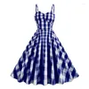 Casual jurken Tonval Vintage roze gingham lange jurk spaghettibandjes ruches voorkant hoge taille dames zomer verjaardagsfeestje retro swing