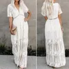 Casual Dresses Summer Boho Women Maxi Dress Loose Brodery White Spets Long Tunic Beach Vacation för 2023 kväll