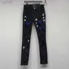 High Street Purple Jeans Designer Ami Jeans Wind Blue Diamonds Red Diamonds Speckled Ink Tear Hole Jeans Washed Old Elastic Slim Fit Small Foot Long Pants