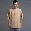 Mäns casual skjortor 2023 Summer Style Chinese Vintage Men t-shirt V-ringning Kort ärm linnetoppar för plusstorlekskläder 5xl