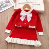 衣類セット甘い女の子の服暖かいニットセーターセット秋/冬の弓のかわいいソリッドカラーニットウェアスカート2pcs