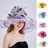 Breda randen hattar kvinnor mössa elegant blomma mesh hink sommar sol hatt för tea party bröllop brud mode strandmössor