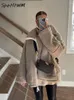 Damesjassen Dames Los Patchwork Teddy Jas Lange mouw Casual Revers Rits Oversized Jas Vrouwelijke Mode Zak Straat Uitloper