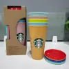 24OZ/710ml mug drum reusable color changing beverage flat bottomed cup with cylindrical lid, straw cup, Starbucks color changing plastic cup, 5 pieces