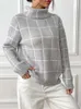 Suéteres para mujer Benuynffy Mujeres Turtleneck Oversize 2023 Otoño Invierno Manga larga Plaid Túnica Jersey Suéter Punto Tops Jumper