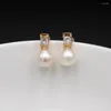 Studörhängen 1Pair CZ Zirconia White Natural Freshwater Pearl Drops Studs Post Women Lady Girls Festy Jewelry Gifts