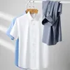 Erkekler Elbise Gömlekleri Streç Kaçışa Karşı Kısa Kollu Erkekler İnce Fit Camisa Sosyal İş Bluz Beyaz Gömlek