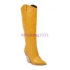 Moda clássica preto branco amarelo joelho botas altas cavaleiro ocidental cowboy mulheres longas sapatos de inverno apontou toe cowgirl cunhas motocicleta sapato designer sapatos