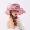 Designer Flower Beach Bucket Hats Dames Robe Wedding Organza Chapeau Womens Kentucky Derby Headswear Wide Brodd Backet Cap Tandage de mariage