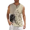Men's Tank Tops Men Cotton Linen Vest Summer Man Retro Artistic Printing Fashion Sleeveless T-shirt Lace Up V-neck Blouse Casual Shirt