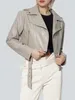 女性の革の高品質PUショートモトジャケット女性ソフトフェイクシープスキンベルトジッパーファッションラペルアウター2023トレンド