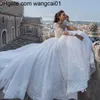 wangcai01 Sexy abito da ballo arabo Abiti da sposa con spalle scoperte Illusion Appliques di pizzo Perline Lungo Seves Sweep Train Puffy Tul Abiti da sposa aperti indietro