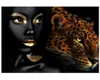 Lampart i afrykańskie kobiety seksowne usta Płótno malarstwo olejne Streszczenie plakat dla zwierząt odbitki ścienne Zdjęcia sztuki do życia nowoczesne HO5227144