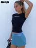 Kvinnors t -shirt shestyle svart bokstav tryckt kort ärm tshirts runda nacke bodycon streetwear preppy style crop tops hudvård kvinnor 230422