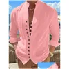 Camisas casuais masculinas camisa de linho botão acima casual verão preto branco rosa manga longa gola lisa primavera outono férias diárias dhomk