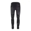 Mens Jeans Fashion Streetwear Men Buttons Fly Retro Black Gray Stretch Skinny Fit Ripped Patch Designer Hip Hop Pants