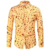 Men's Casual Shirts Mattswag Mens Hidden Buckle Christmas Printed Yellow Slim Fit Long Sleeve Men's Daily Street Wear Clothing