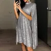 Basic Casual Dresses Sexy Party Sequin Glitter Dress Cape Style Sequins Cloak Sleeves Vestidos Female Solid Color Vintage Elegant Cocktail 231123