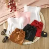 Clothing Sets 3-7Y Baby Girls Autumn Outfits Kids Feather Long Sleeve Ribbed Tops PU Leather Skirt With Belt Children Fashion Clothes