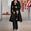 Women's Three Piece Pants Spring 2024 Fashion Street Print Long Trench Coat Wrap Chest Flared Pants Suit Casual 231123