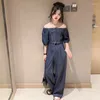 Clothing Sets Summer Teenage Girls Denim Clothes Set Off Shoulder Short Sleeve Top Wide Leg Pants 2pcs Kids Suit Outfits