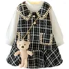 Robes de fille née bébé filles Tweed robe poche décontracté anniversaire vêtements ensemble 2 pièces enfant en bas âge lin noir à carreaux robe trucs