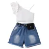 Kläder sätter sommar småbarn flickor ärmlös solid färg rufsar toppar denim shorts ficka tre bitar hip hop dance kläder byxa