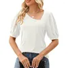 Women's T Shirts Womens Casual Puff Short Sleeve Basic Solid Color T-Shirts Asymmetrical Oblique V-Neck Slim-Fit Blouses Tunic Top S-2XL